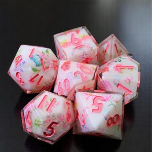 Pink Flower Dnd Dice Set, Sharp Edge Resin Dice, Role Playing Game Dice, Dungeon Master Gift