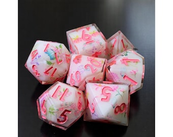 Pink Flower Dnd Dice Set, Sharp Edge Resin Dice, Role Playing Game Dice, Dungeon Master Gift