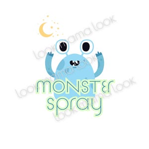 Op de afbeelding: Een blauw monster met grote ogen en een grijns, met de armen omhoog. De tekst "monster spray" staat in het groen onder het monster.