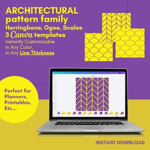 Könnte beinhalten: Ein Laptop zeigt ein digitales Fischgrätenmuster auf dem Bildschirm, darüber drei gelbe architektonische Musterbeispiele: Fischgräten, Ogee und Schuppen. Der Text lautet: ARCHITECTURAL pattern family Herringbone, Ogee, Scales 3 Canva templates.