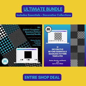 Könnte beinhalten: Ein digitales Paket mit über 110 Canva-Vorlagen für nahtlose Muster und 12 dekorativen nahtlosen Mustervorlagen. Die Grafik zeigt schwarze, weiße und cyanfarbene geometrische Designs, Laptop-Mockups und Text, einschließlich ULTIMATE BUNDLE.