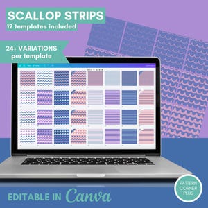 Könnte beinhalten: Ein Laptop-Bildschirm zeigt eine digitale Design-Oberfläche mit einem Raster aus Muschelstreifen-Mustern in Rosa-, Lila- und Blautönen. Der Text auf dem Bildschirm lautet SCALLOP STRIPS, 12 templates included, 24+ VARIATIONS per template und EDITABLE IN Canva.