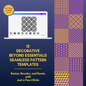 Könnte beinhalten: Eine digitale Anzeige mit 12 dekorativen nahtlosen Mustervorlagen in Gold und Lila. Der Text lautet: PATTERN CORNER PLUS, 12 DECORATIVE BEYOND ESSENTIALS SEAMLESS PATTERN TEMPLATES, Resize, Recolor, and Remix with Just a Few Clicks.