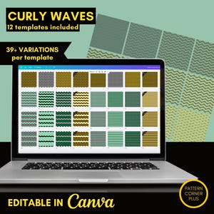 Könnte beinhalten: Ein Laptop-Bildschirm zeigt ein Raster aus 30 digitalen Mustervorlagen mit wellenförmigen Linien in verschiedenen Farben wie Schwarz, Gold, Grün und Grau. Der Text auf dem Bildschirm lautet "CURLY WAVES", "12 templates included", "39+ VARIATIONS per template", "EDITABLE IN Canva" und "PATTERN CORNER PLUS".