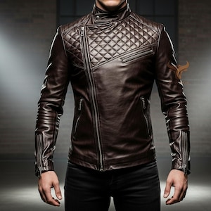 Handmade Men’s Quilted Leather Jacket | Genuine Brown Biker Jacket | Custom Tailored Motorcycle Streetwear