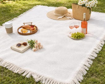 Boho Picnic Blanket with Fringe | Large Woven Cotton Picnic Mat | Outdoor Picnic Rug | Beach Blanket | Bohemian Picnic Decor