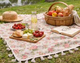 Manta de picnic floral de rosas vintage, alfombra de exterior estilo cottagecore