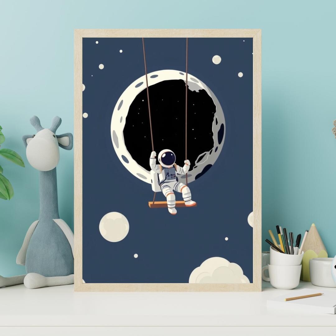 Astronaut Swinging in Space, Moon Rocket Themed Art Print, Stars Wall ...