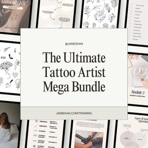 以下が含まれることがあります： 「The Ultimate Tattoo Artist Mega Bundle」というタイトルのデジタル製品バンドル。テキストは「@JAMEZKAN」と「JAMIEKAN.COM/TRAINING」です。画像には、タトゥーのデザイン例とトレーニングモジュールが含まれています。