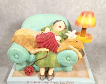 Whimsical Figurine "Reindeer Are From Lapland" Woman Knitting Resin Collectible