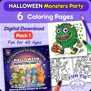 May include: A digital download pack of 6 Halloween monster colouring pages. The cover features a group of monsters dressed in costumes, with the text "Fun Characters for Easy Colouring" and "Halloween Monsters Party".
