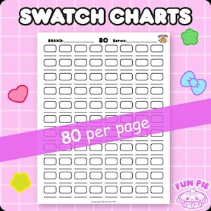 May include: A white swatch chart with the text "SWATCH CHARTS" at the top. The chart has 80 rectangular boxes per page, with the text "80 per page" on a pink banner. The brand and series are indicated at the top.