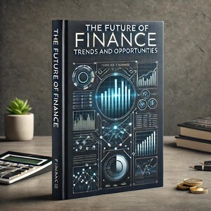 May include: A dark blue book with the title "The Future of Finance: Trends and Opportunities". The cover features a futuristic design with blue and white graphics, charts, and data visualizations.