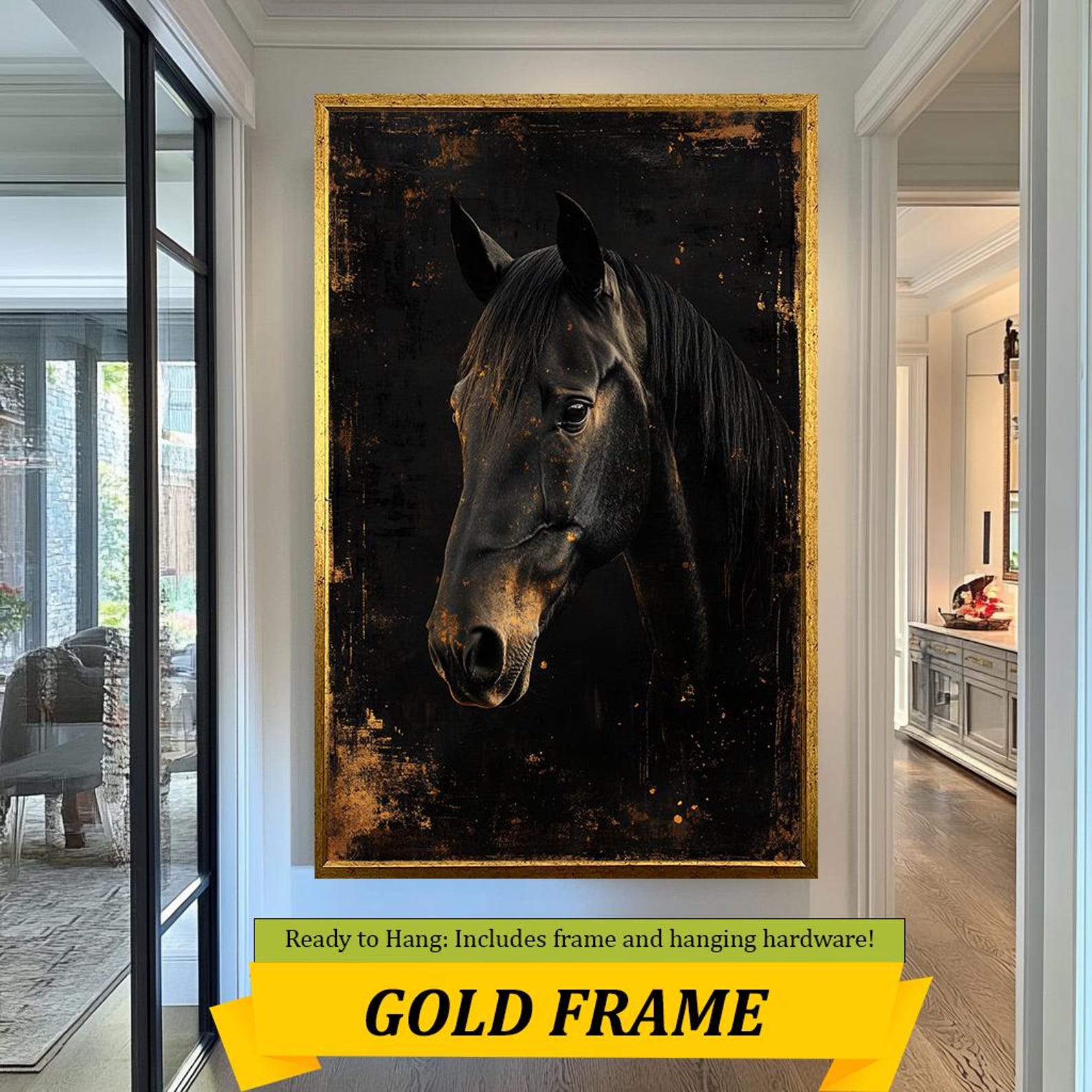 Elegant Black Horse Wall Art With Gold Accents | Luxurious Equine ...