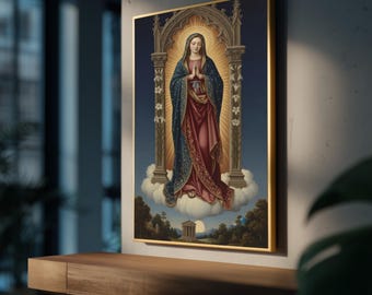 Può includere: Un'opera d'arte religiosa incorniciata raffigura una donna in una veste blu e rossa, con le mani giunte in preghiera, circondata da un'aureola dorata ed elementi architettonici. L'opera è ambientata su un cielo blu con nuvole e un paesaggio.