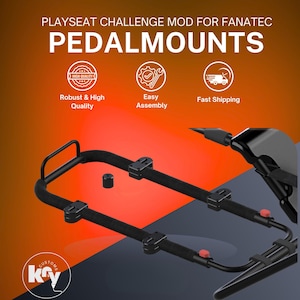 May include: A black metal pedal mount modification for a Playseat Challenge racing cockpit. The frame features a tubular design with four black mounting brackets, small red adjustment knobs, and a logo reading KRY CUSTOMS in the corner.