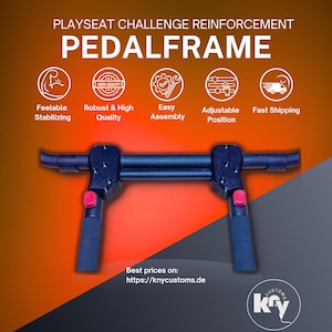 Peut inclure: Un Pedalframe noir avec des détails rouges, conçu pour le renforcement du Playseat Challenge. L'image comprend du texte mettant en évidence des caractéristiques telles que la stabilisation, la qualité robuste, l'assemblage facile et la position réglable. Le produit est sur fond orange et gris.