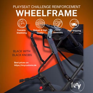 Könnte beinhalten: Schwarzer Radrahmen mit dem Text "PLAYSEAT CHALLENGE REINFORCEMENT WHEELFRAME". Der Rahmen trägt die Texte "Feelable Stabilizing", "Robust & High Quality", "Easy Assembly" und "Fast Shipping". Der Text "BLACK WITH BLACK KNOBS" ist ebenfalls sichtbar.