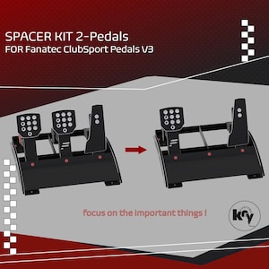 Peut inclure: Ensemble de pédales de course noires avec le texte "SPACER KIT 2-Pedals FOR Fanatec ClubSport Pedals V3". L'image montre deux ensembles de pédales, l'un avec une flèche rouge pointant vers l'autre. Le texte "focus on the important things!" est également visible.