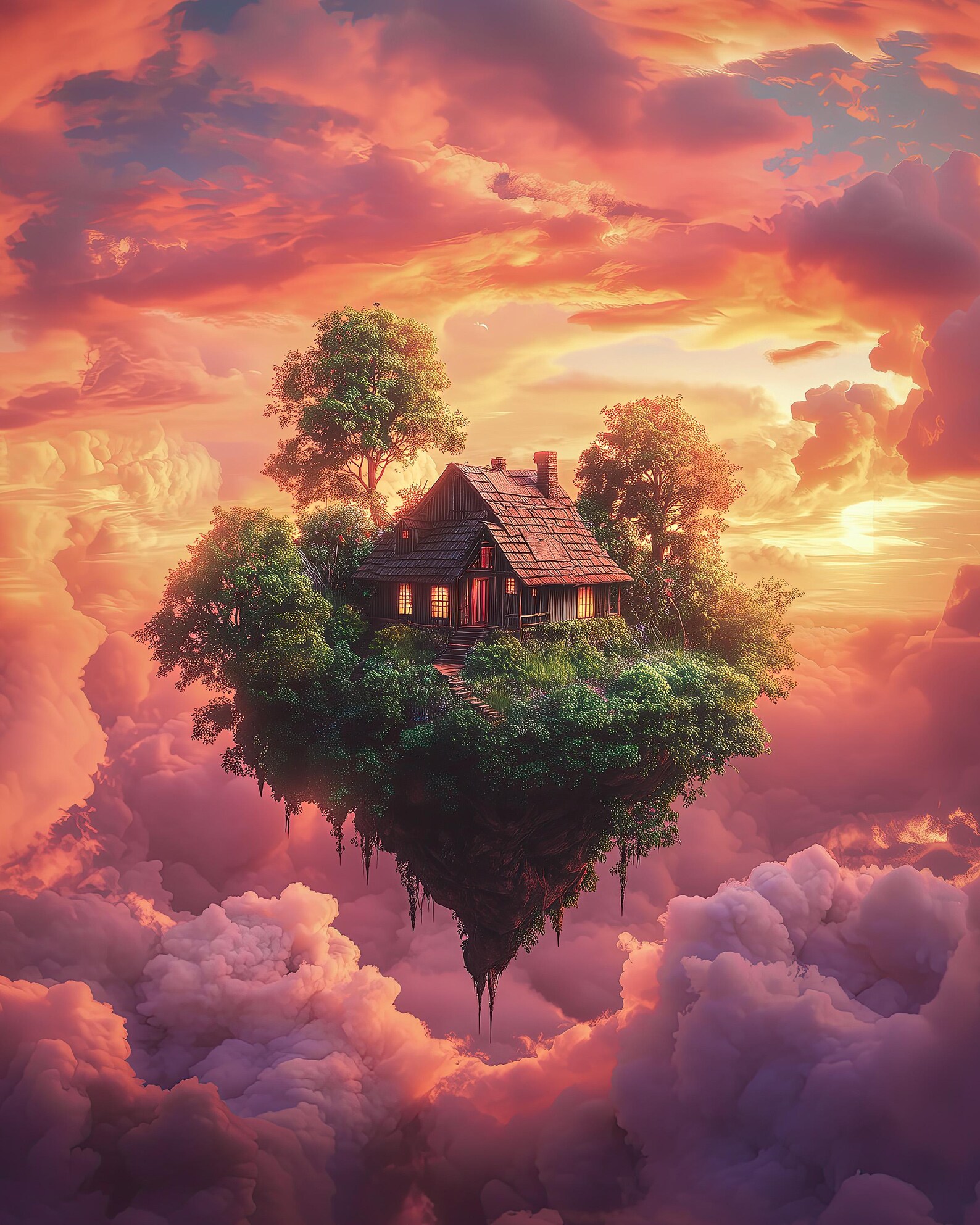 Floating Dream House in the Sky - Peaceful Digital Art of a Serene ...
