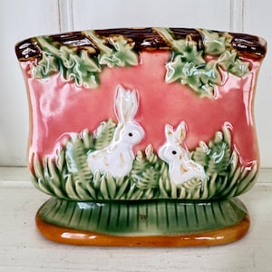 Vintage 1991 CBK Ltd Nouveau Majolica Bunny Servethouder | Keramische brievenhouder konijn | Rozegroen huisjedecor