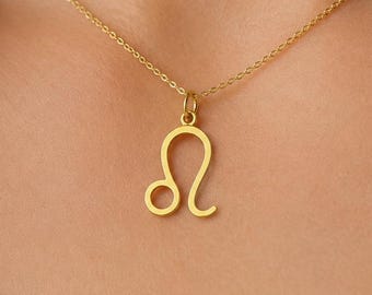 14k SOLID Gold Leo Zodiac Sign Pendant, Fire Sign Astrology Leo Symbol Necklace, Birthday Gift for Her Him Yellow, White, Rose Gold Stamped