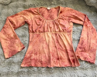Vintage Tie Dye Långärmad Topp Med Empire-midja Rosa Orange Stor Cottagecore