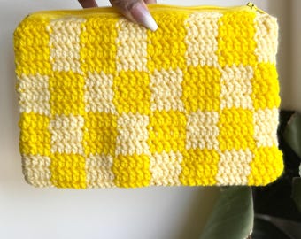 Bolsita de ganchillo hecha a mano con cremallera y estampado a cuadros: ¡elige tus colores!