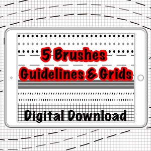 Op de afbeelding: Een digitale download van 5 penselen, richtlijnen en roosters voor digitale kunst. De afbeelding toont een tabletscherm waarop de verschillende penselen, richtlijnen en roosters worden weergegeven. De tekst "5 Brushes Guidelines & Grids Digital Download" wordt op het scherm weergegeven.