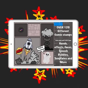May include: A tablet screen showing comic book illustrations, including a rocket, explosion, and ghost. Text reads: "OVER 120 Different Comic stamps. Hands, effects, Faces, Speech Bubbles, Templates and More." The image is surrounded by starbursts.