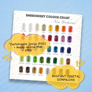 Nytt Brothread-trådfärgsdiagram, mall för diagram över 40 Brother-broderitrådar i färg: redigerbar i Photoshop (PSD-fil)