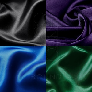 May include: A square image displaying four fabric swatches. The top left is black, top right is purple, bottom left is blue, and bottom right is green. The fabric has a shiny, silky texture, with the word "BOUND" visible.