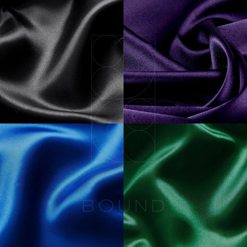 May include: A square image displaying four fabric swatches. The top left is black, top right is purple, bottom left is blue, and bottom right is green. The fabric has a shiny, silky texture, with the word "BOUND" visible.