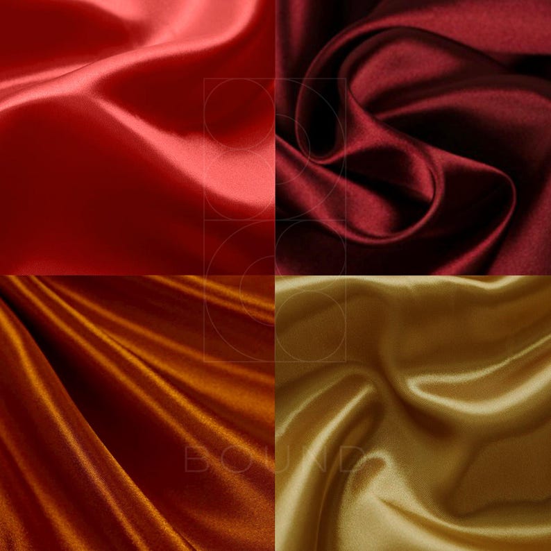 May include: A square image featuring four sections of satin fabric in various colours. The colours are bright red, deep burgundy, rich gold, and a warm, golden-brown. The fabric is draped, showing its smooth texture and sheen.