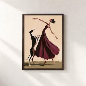 May include: A framed digital illustration featuring a slender figure in a flowing dark magenta dress dancing alongside a black and white greyhound. The artwork is set against a solid beige background with a dark brown frame and a muted green floor.