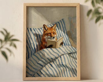 Fox Reading Book in Bed Wall Art Print, Cozy Morning Illustration with Striped Pillow and Warm Sunlight