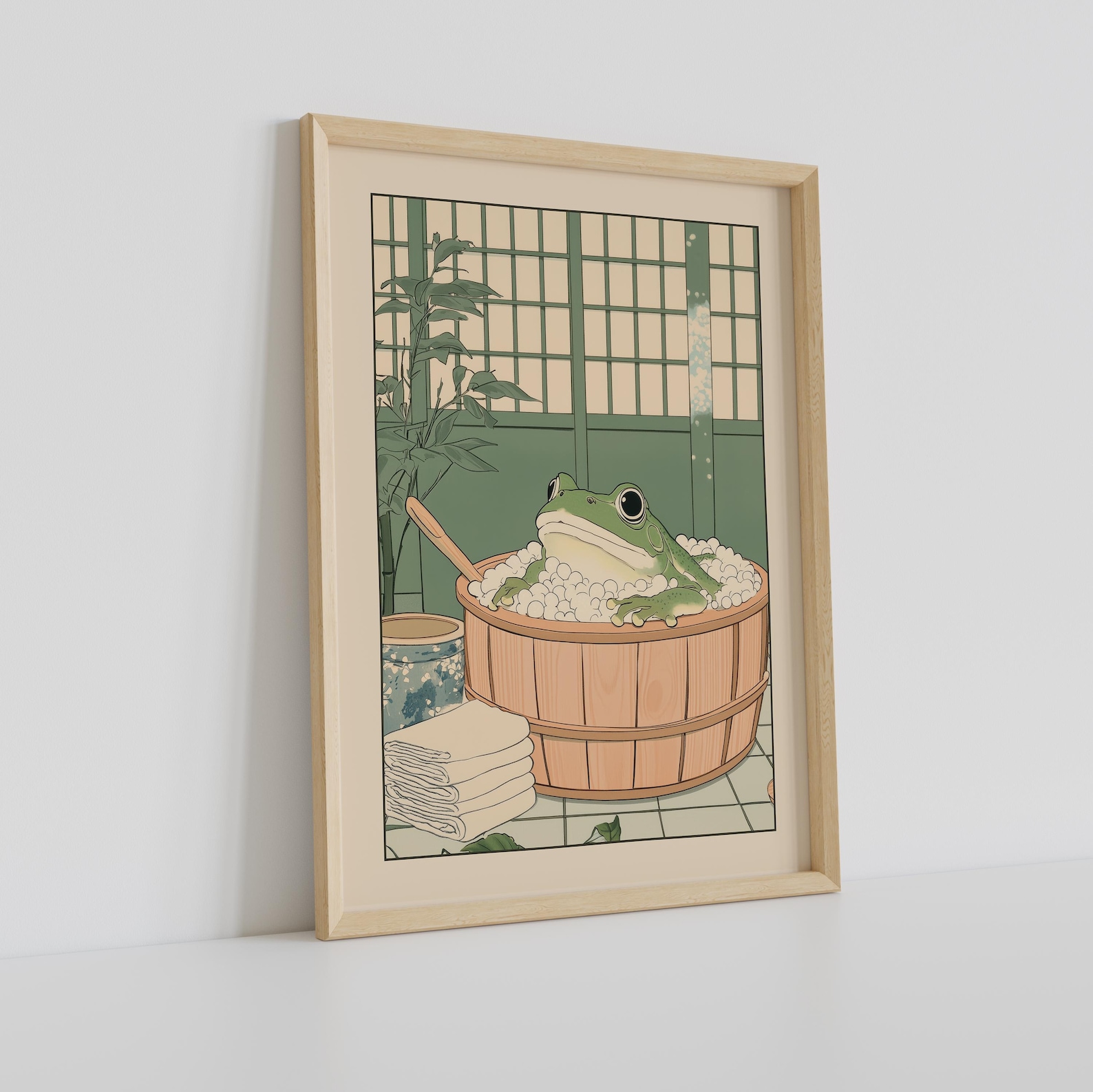 Japanese Frog in a Bathtub Print, Japanese Bathroom Wall Art, Japandi ...