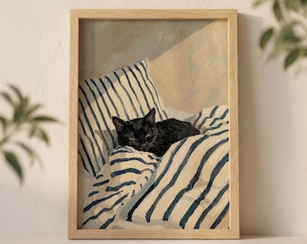 Kunstdruck „Schwarze Katze liegt im Bett“, gemütliche Morgenillustration mit gestreiftem Kissen und Sonnenlicht