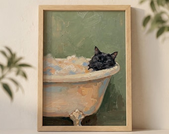 Black Cat in Bathtub Wall Art Print, Cozy Spa Nap Illustration with Bubble Bath and Sage Green Background