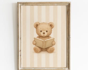Teddy Bear Book Print, Sleeping Nursery Decor, Animal Nursery Art, Striped Wall Art, Playroom Decor, Kids Room Art, Baby Room Decor