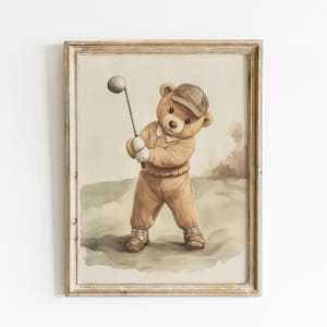 Teddy Bear Playing Golf Print, Sport Nursery Decor, Animal Nursery Art, Neutral Nursery, Playroom Decor, Kids Room Art, Baby Room Decor