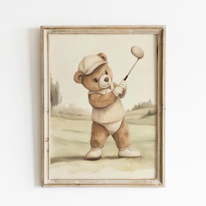 Teddy Bear Playing Golf Print, Sport Nursery Decor, Animal Nursery Art, Neutral Nursery, Playroom Decor, Kids Room Art, Baby Room Decor