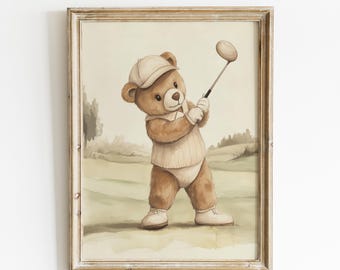 Teddy Bear Playing Golf Print, Sport Nursery Decor, Animal Nursery Art, Neutral Nursery, Playroom Decor, Kids Room Art, Baby Room Decor