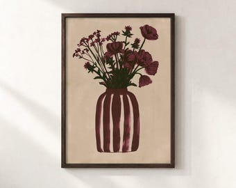 Burgundy Flower Vase Wall Art, Striped Vase Botanical Print, Warm Neutral Floral Still Life Poster