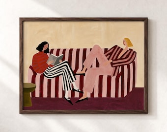 Women on Striped Sofa Wall Art, Reading and Lounging Print, Burgundy Pink Horizontal Interior Poster