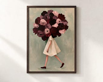 Girl with Oversized Flower Bouquet Wall Art, Burgundy and Pink Floral Print, Whimsical Botanical Poster