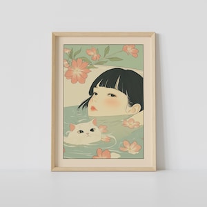浴槽の中の女性とトラ猫のプリント、日本の浴室の壁アート、猫アート、ジャパニーズアート、リラックスできるポスター、日本の壁装飾、浴室の装飾