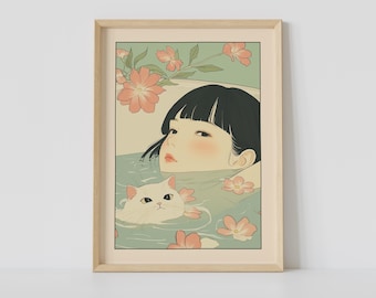Woman and Tabby Cat in Bathtub Print, Japanese Bathroom Wall Art, Cat Art, Japandi Art, Relaxing Poster, Japanese Wall Decor, Bathroom Decor