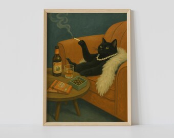 Black Cat Smoking Print – Dark Humor Vintage Wall Art with Whiskey & Cigar