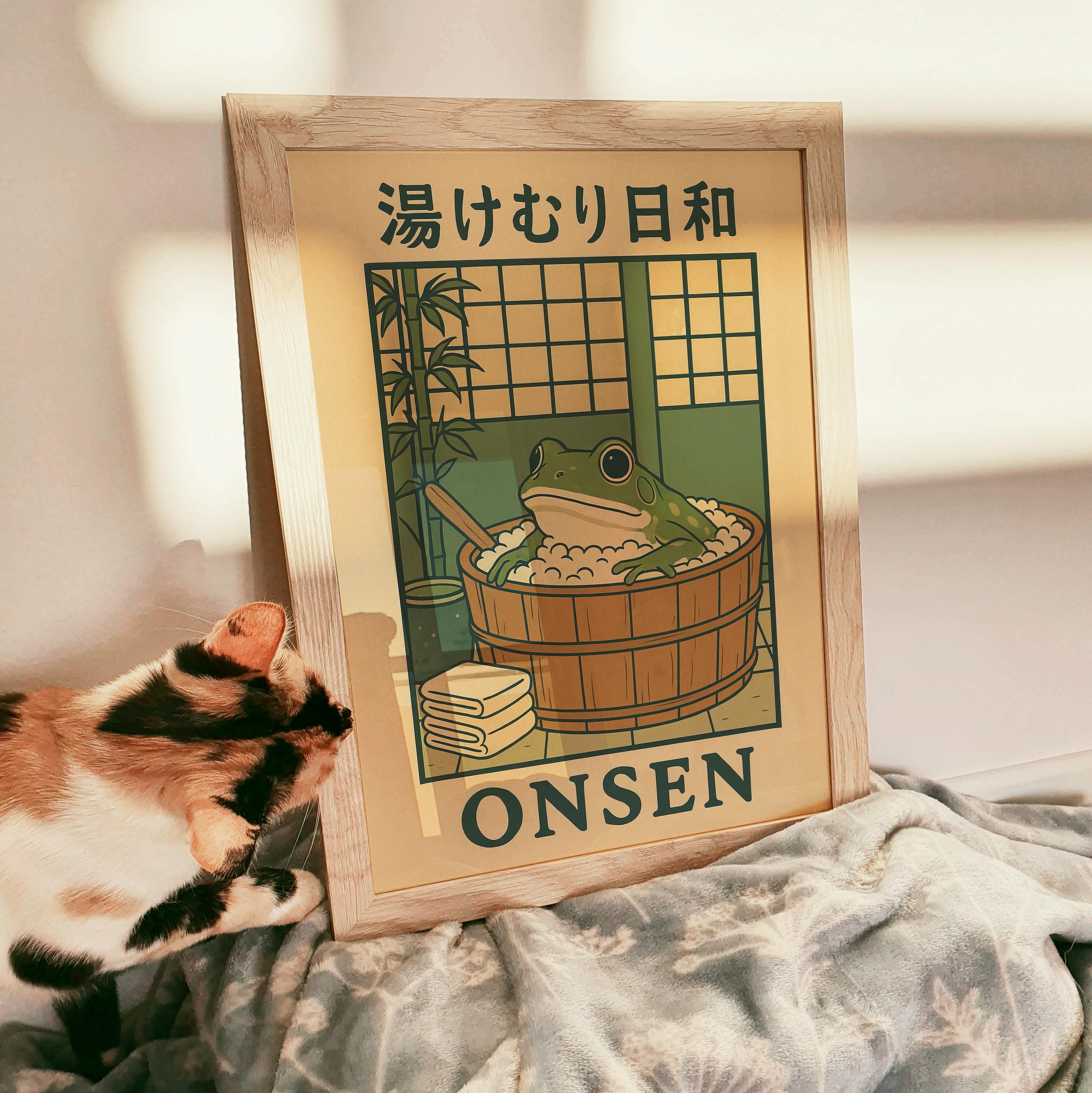 Japanese Frog in a Bathtub Print, Onsen Japanese Bathroom Wall Art